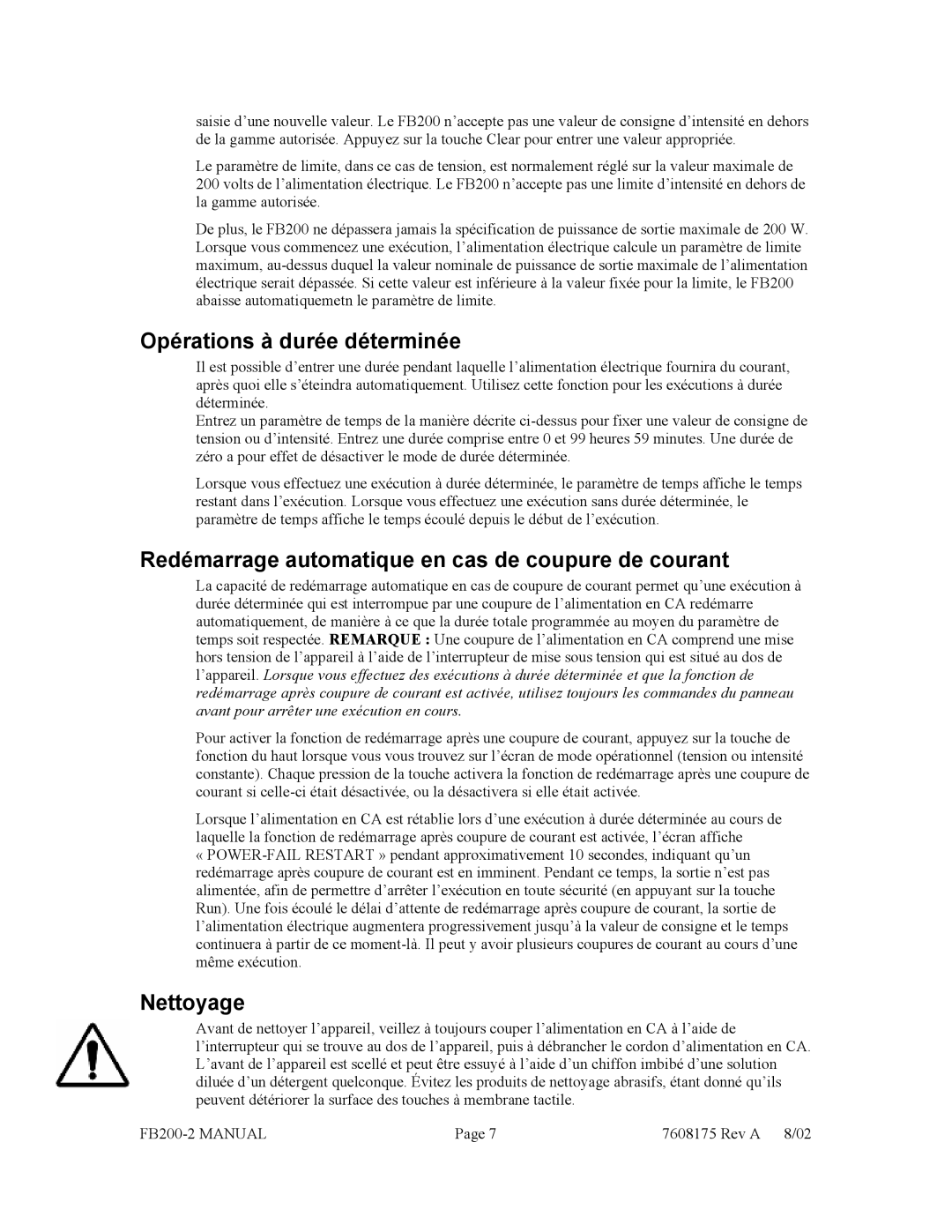 Fisher FB200-2 manual Opérations à durée déterminée, Redémarrage automatique en cas de coupure de courant, Nettoyage 