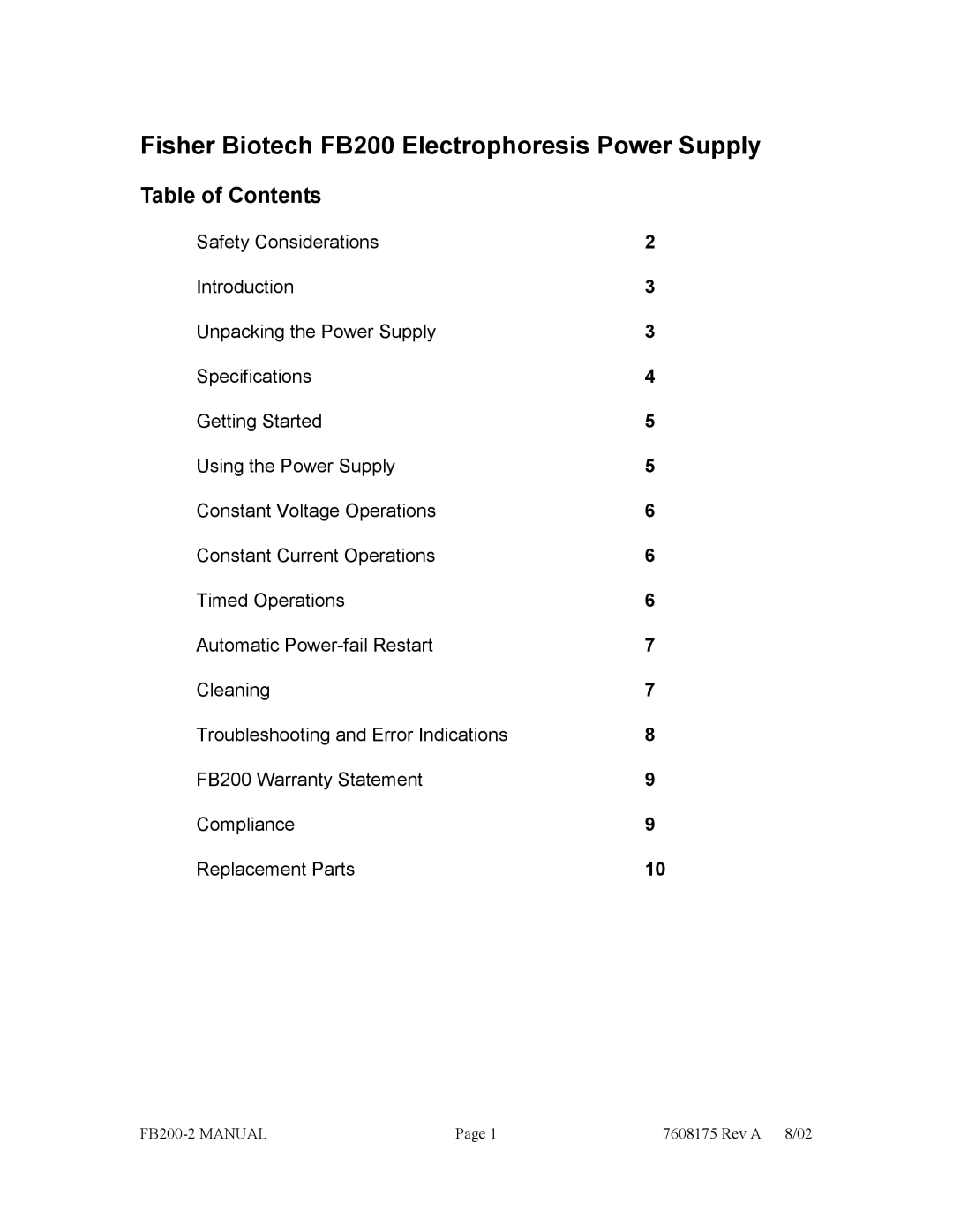 Fisher FB200-2 manual Fisher Biotech FB200 Electrophoresis Power Supply, Table of Contents 