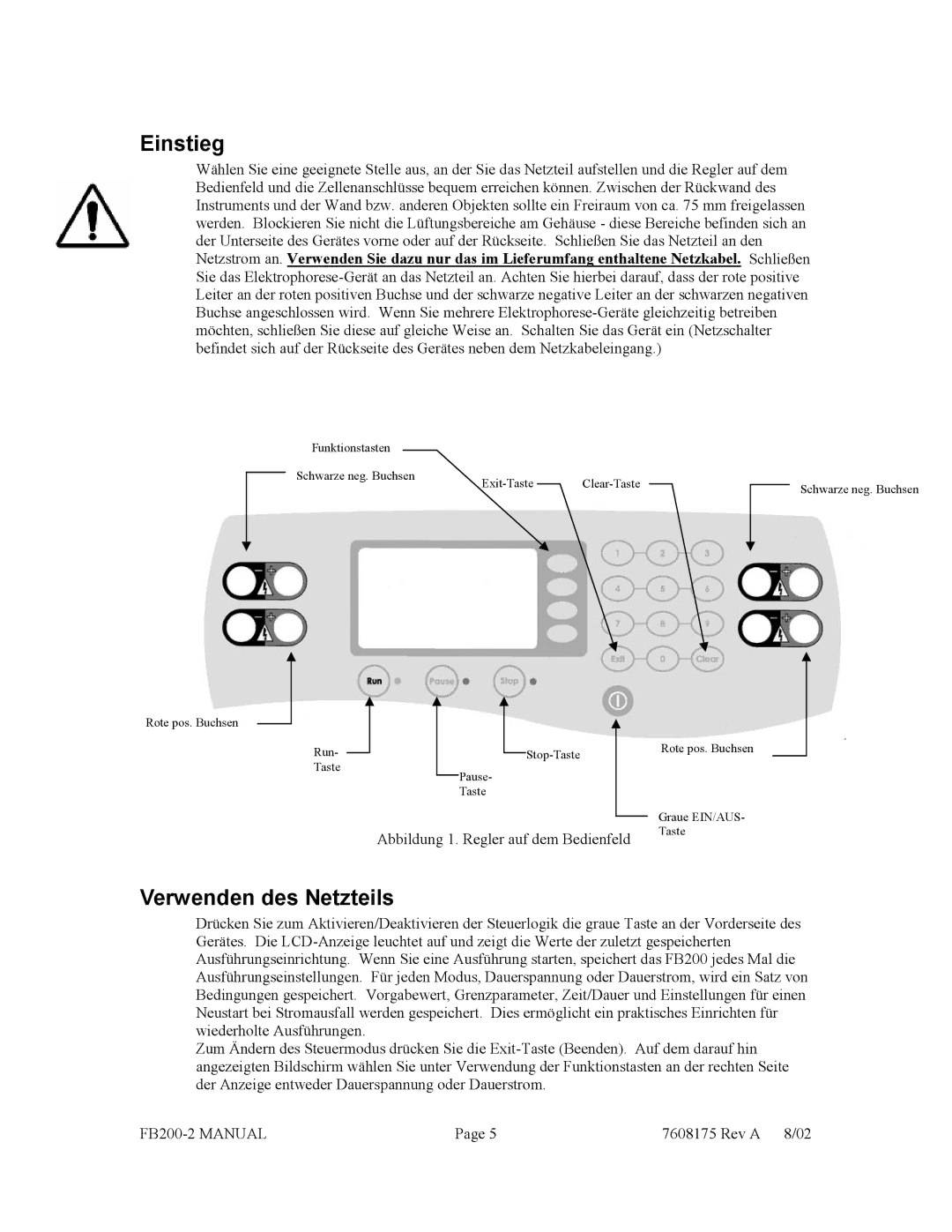 Fisher FB200-2 manual Einstieg, Verwenden des Netzteils 