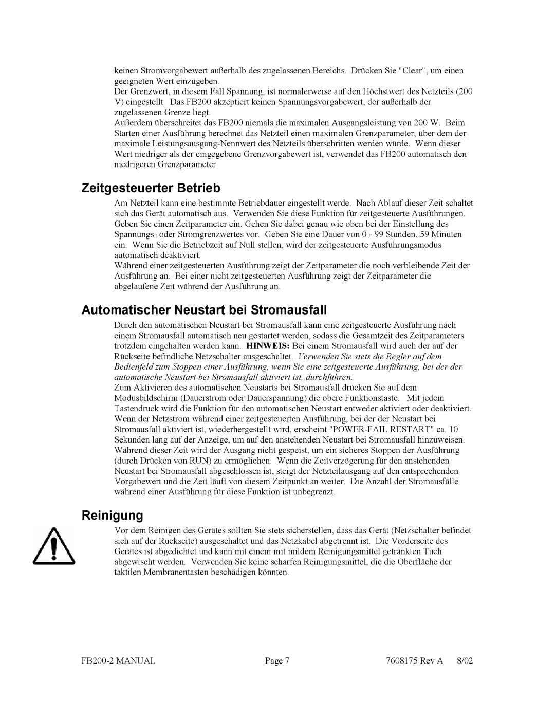 Fisher FB200-2 manual Zeitgesteuerter Betrieb, Automatischer Neustart bei Stromausfall, Reinigung 