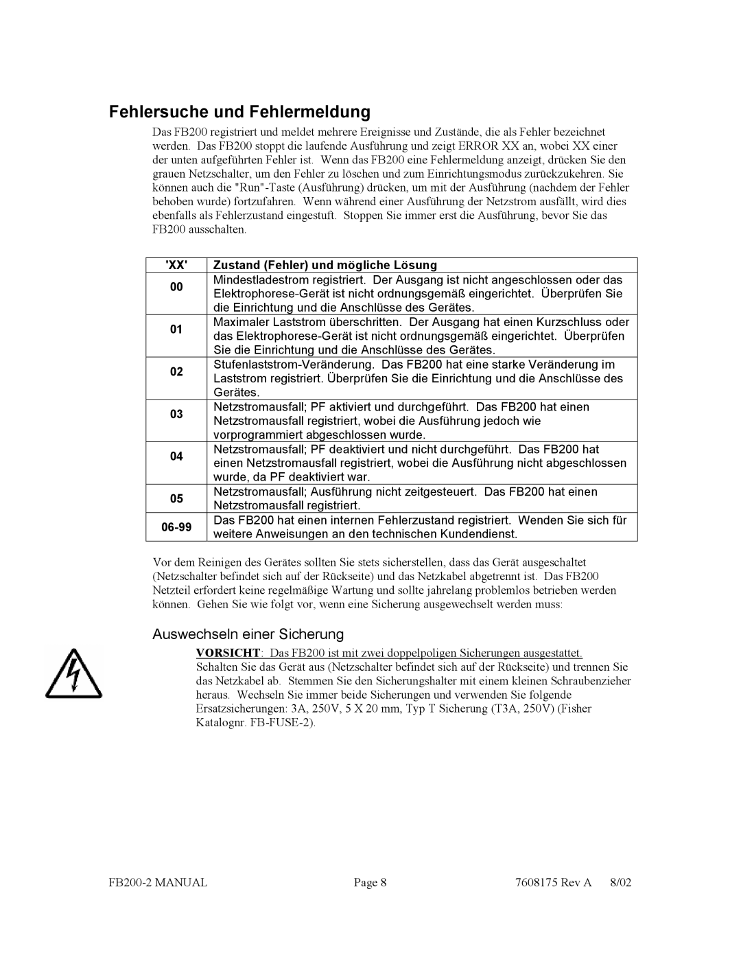 Fisher FB200-2 manual Fehlersuche und Fehlermeldung, Auswechseln einer Sicherung 