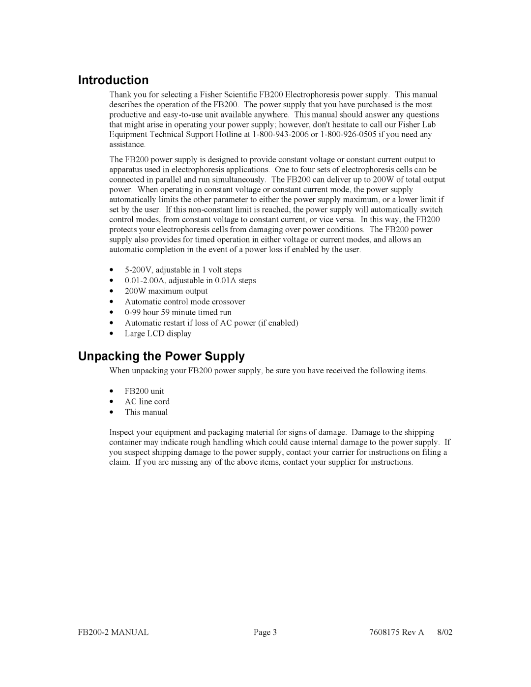 Fisher FB200-2 manual Introduction, Unpacking the Power Supply 