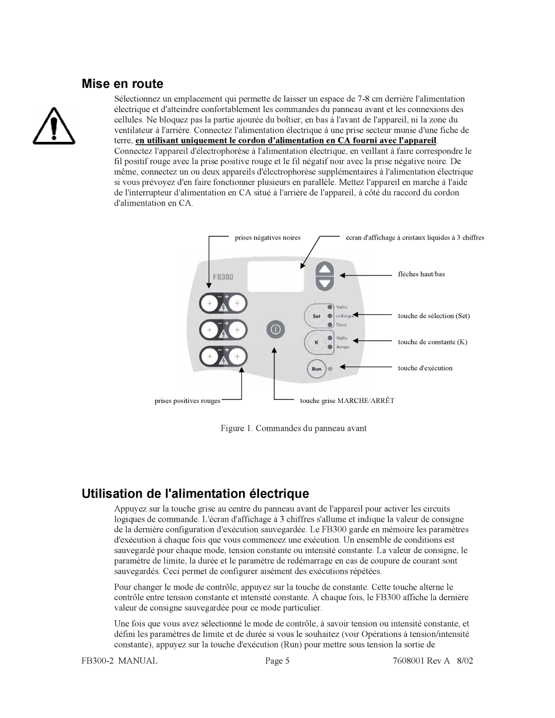 Fisher FB300-2 manual Mise en route, Utilisation de lalimentation électrique 