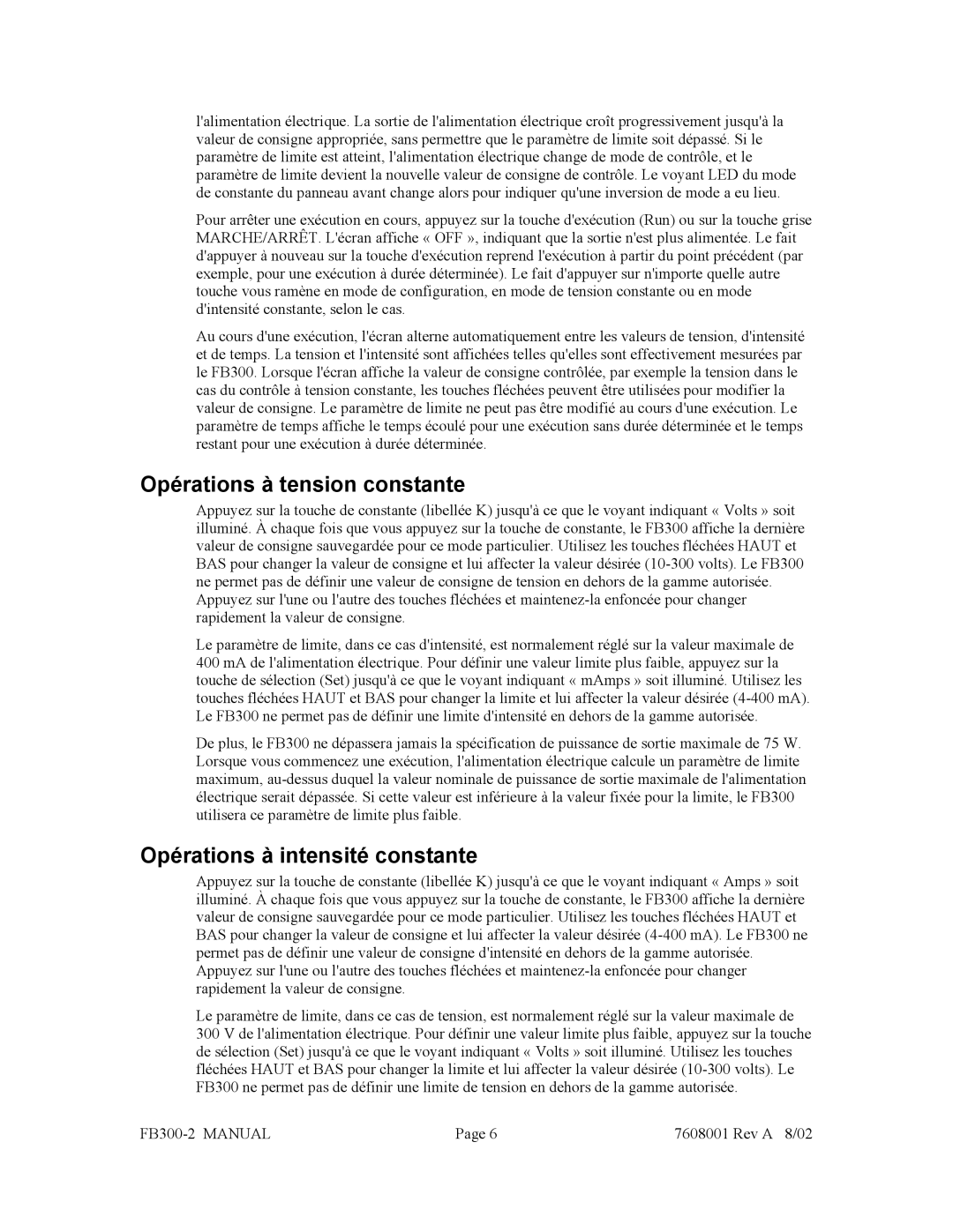 Fisher FB300-2 manual Opérations à tension constante, Opérations à intensité constante 