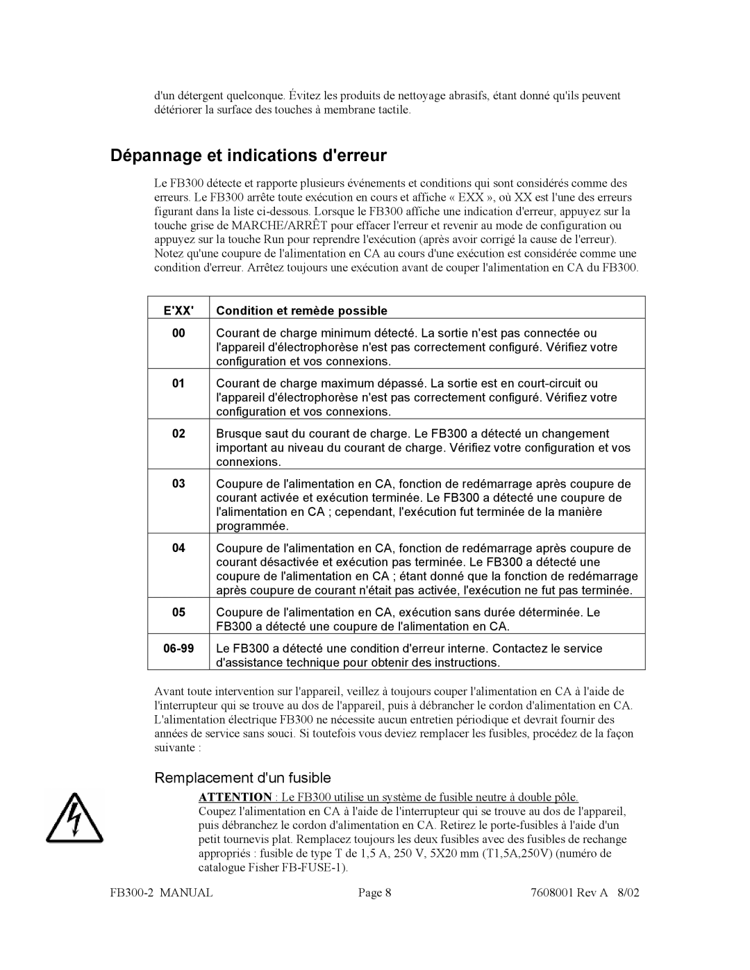 Fisher FB300-2 manual Dépannage et indications derreur, Remplacement dun fusible 