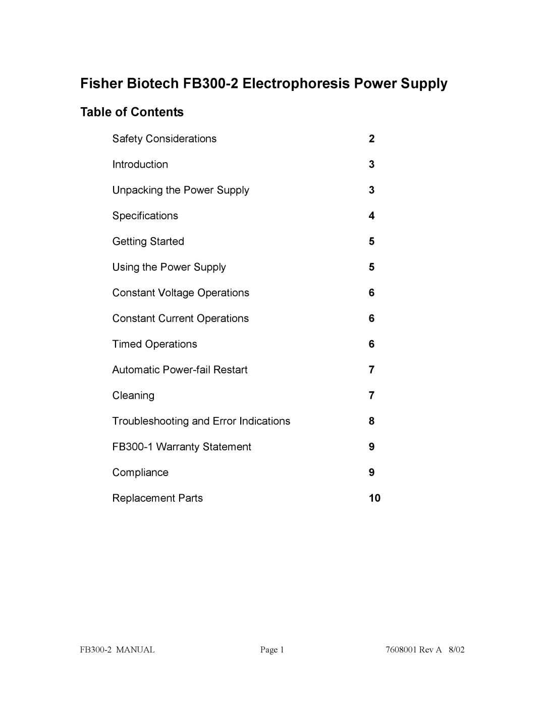 Fisher manual Fisher Biotech FB300-2 Electrophoresis Power Supply, Table of Contents 