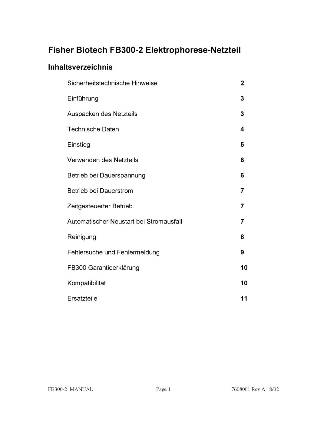 Fisher manual Fisher Biotech FB300-2 Elektrophorese-Netzteil, Inhaltsverzeichnis 