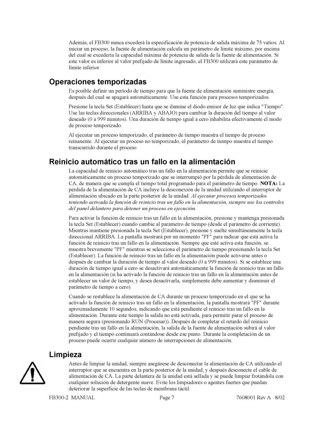 Fisher FB300-2 manual Operaciones temporizadas, Reinicio automático tras un fallo en la alimentación, Limpieza 