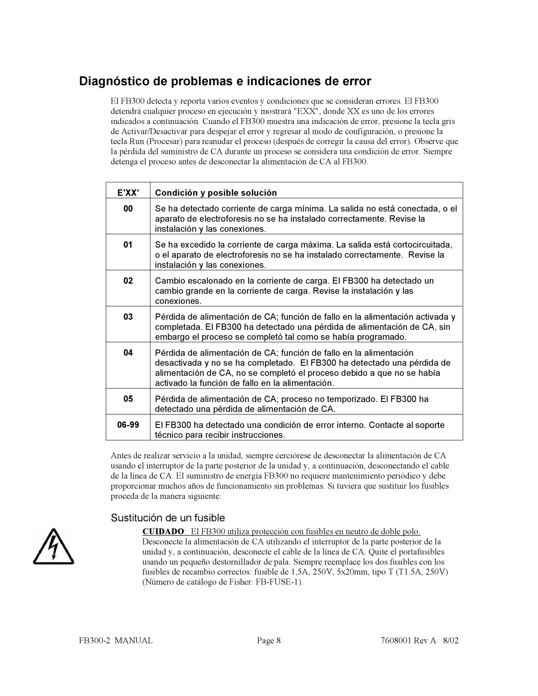 Fisher FB300-2 manual Diagnóstico de problemas e indicaciones de error, Sustitución de un fusible 