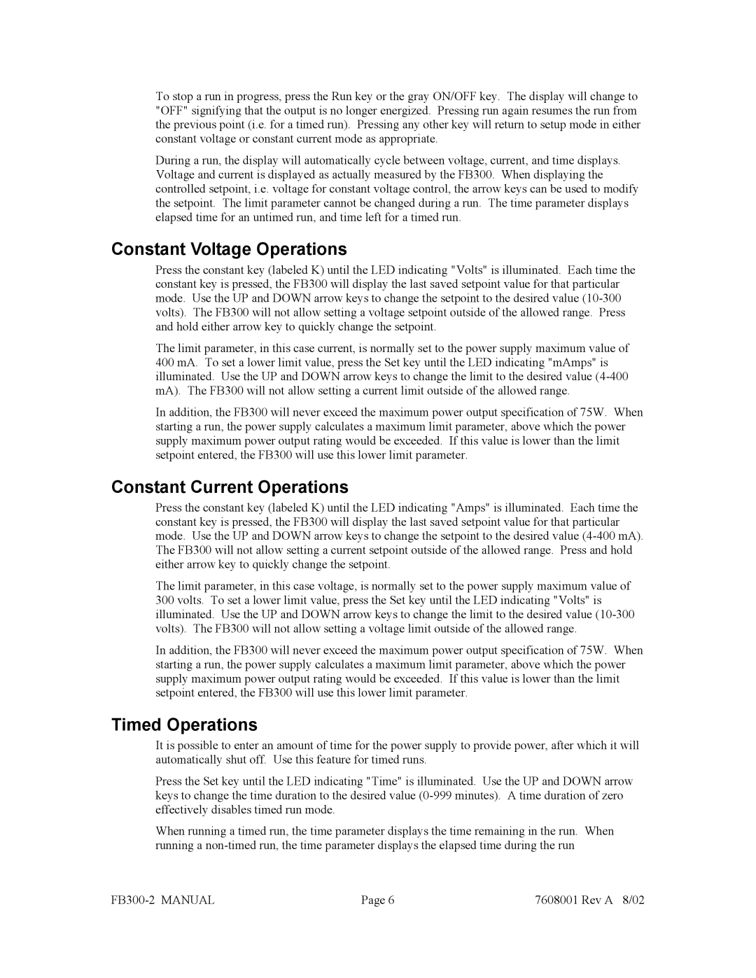 Fisher FB300-2 manual Constant Voltage Operations, Constant Current Operations, Timed Operations 