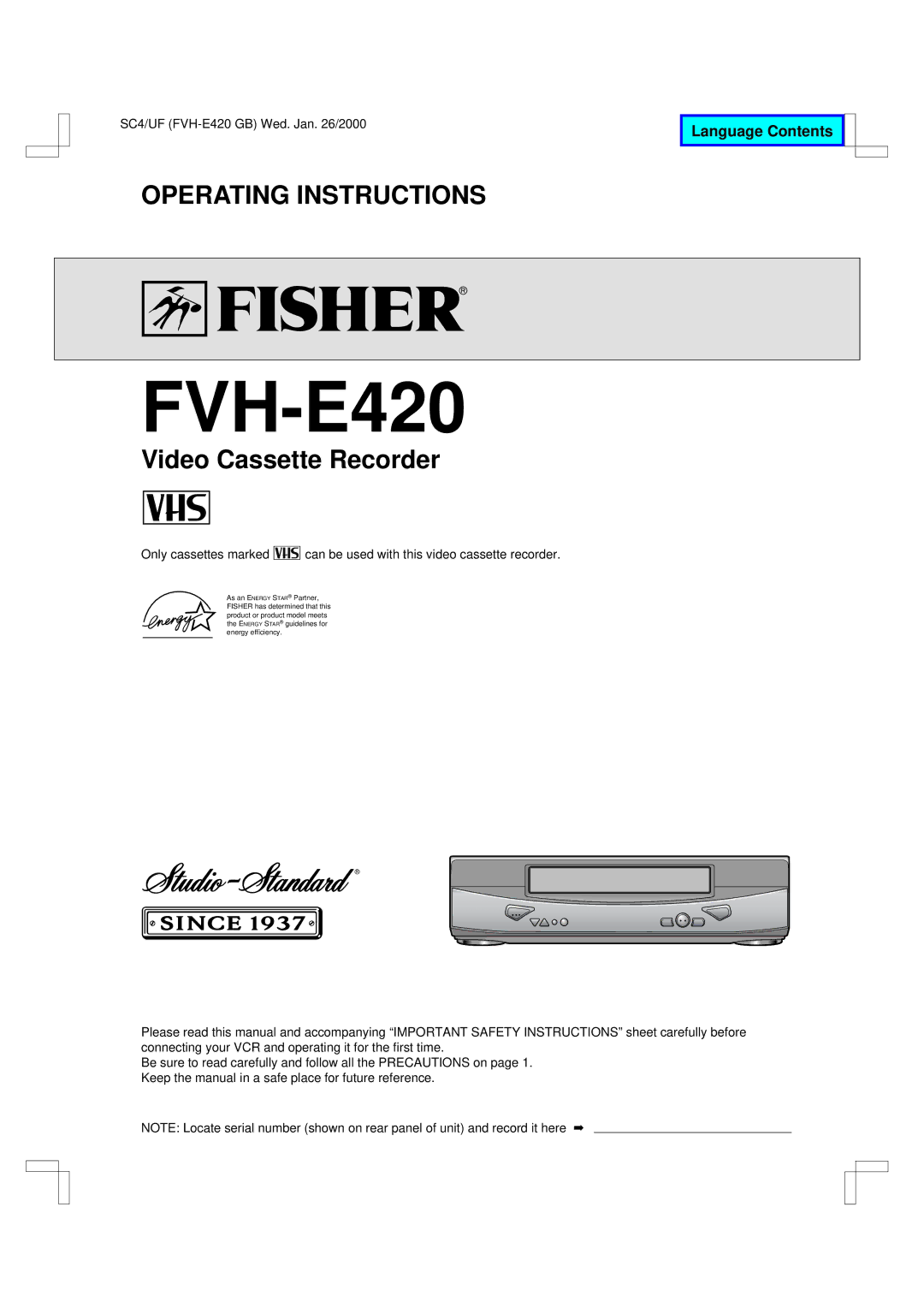 Fisher FVH-E420 important safety instructions 