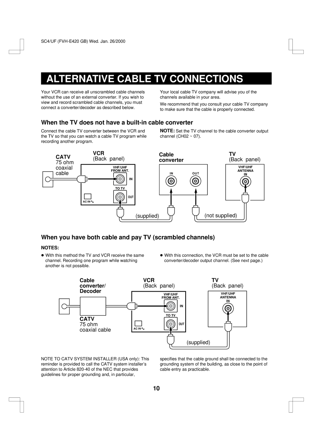 Fisher FVH-E420 Alternative Cable TV Connections, When the TV does not have a built-in cable converter 