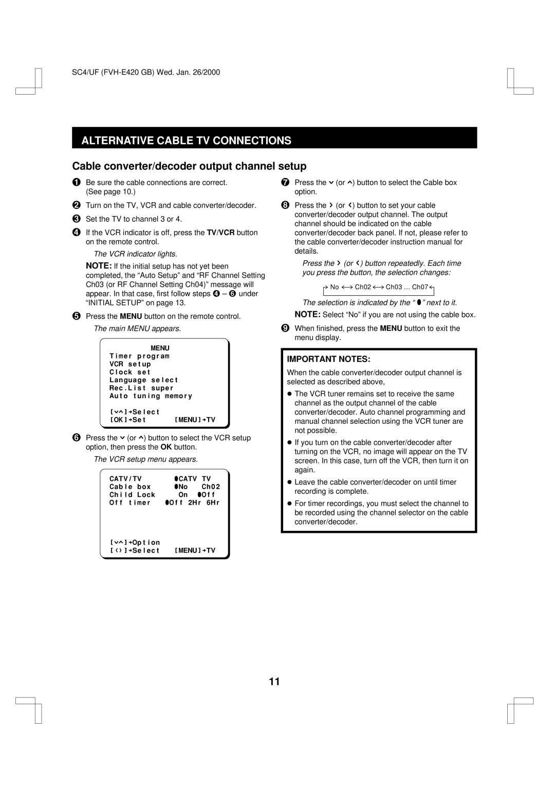 Fisher FVH-E420 Alternative Cable TV Connections, Cable converter/decoder output channel setup, Important Notes 