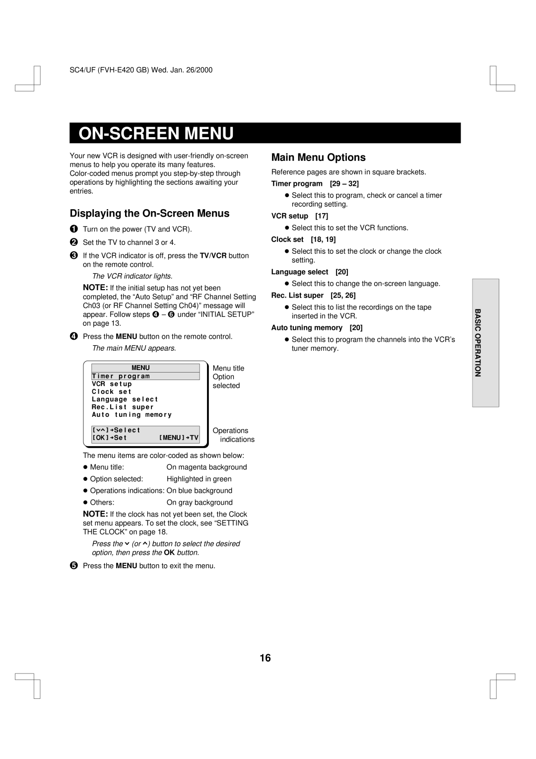 Fisher FVH-E420 important safety instructions ON-SCREEN Menu, Displaying the On-Screen Menus, Main Menu Options 