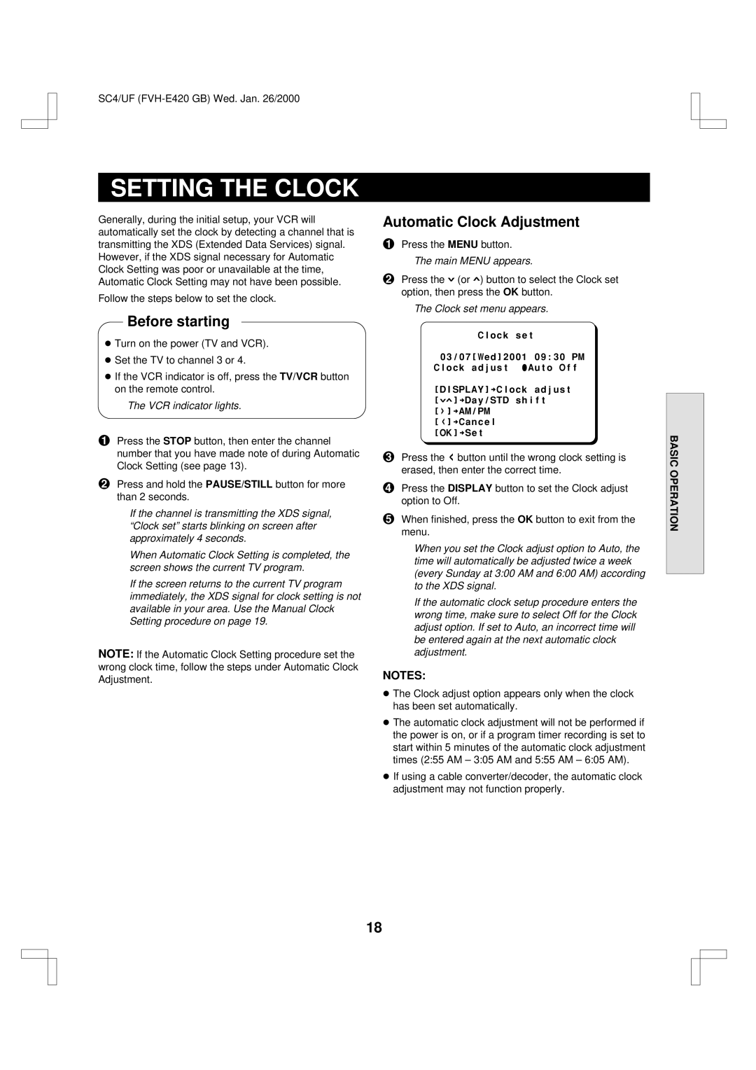 Fisher FVH-E420 important safety instructions Setting the Clock, Automatic Clock Adjustment, Clock set menu appears 