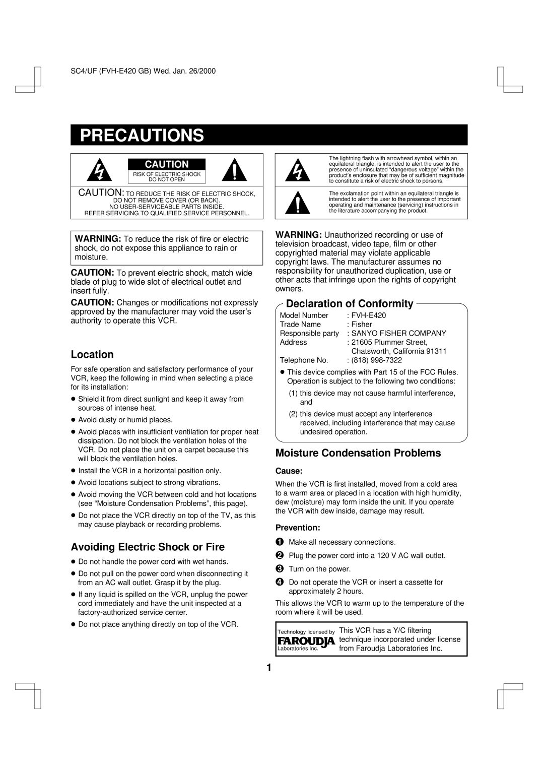 Fisher FVH-E420 Precautions, Location, Avoiding Electric Shock or Fire, Declaration of Conformity 