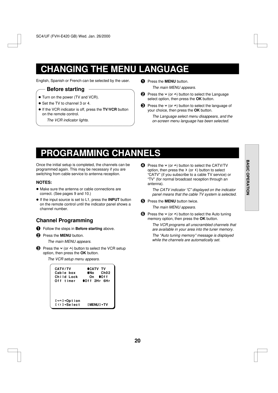 Fisher FVH-E420 important safety instructions Changing the Menu Language, Programming Channels, Channel Programming 