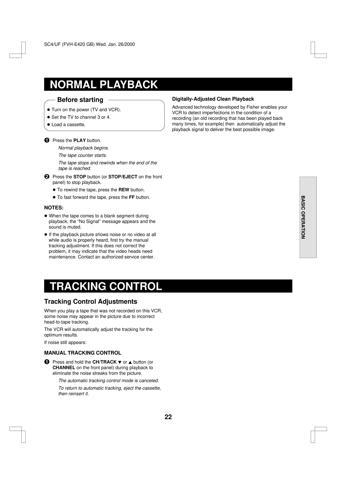 Fisher FVH-E420 important safety instructions Normal Playback, Tracking Control Adjustments, Manual Tracking Control 