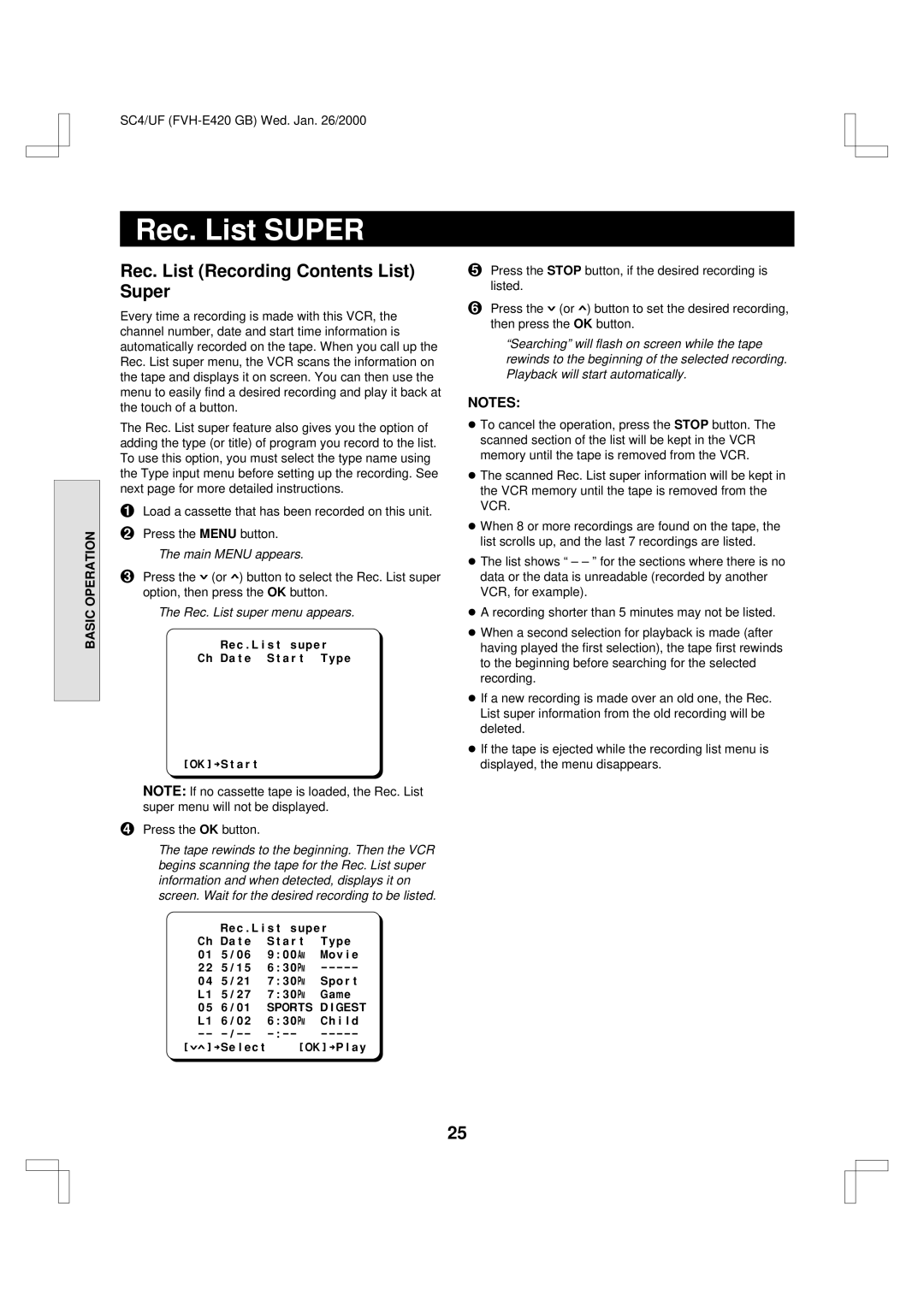 Fisher FVH-E420 important safety instructions Rec. List Super, Rec. List Recording Contents List Super 