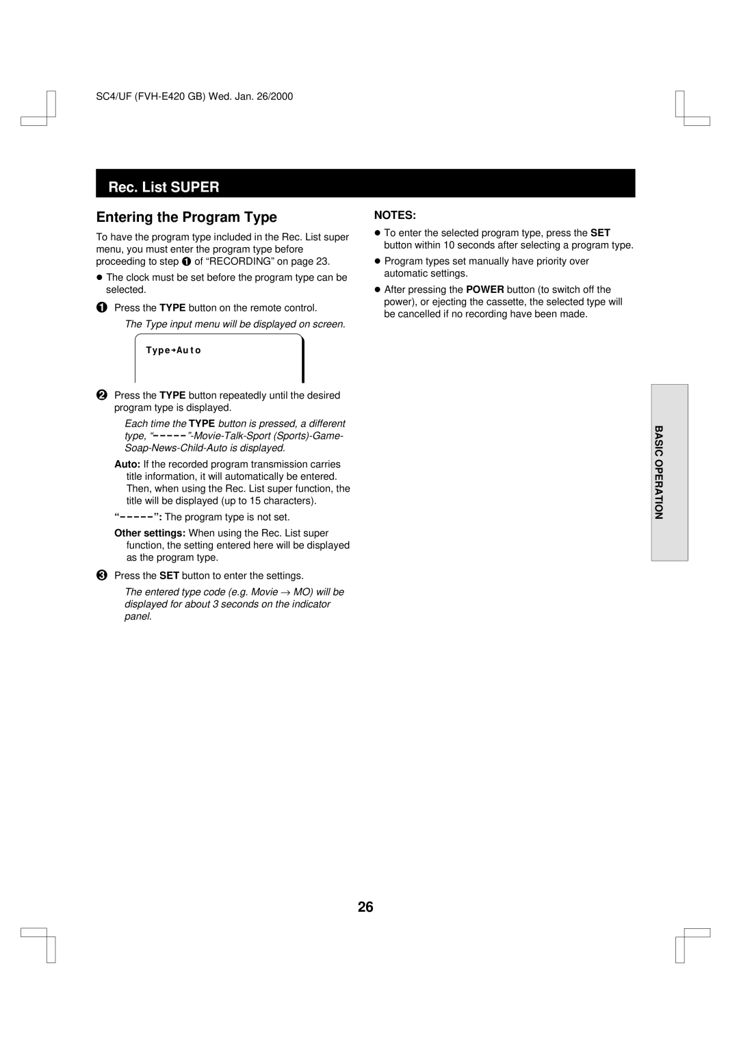 Fisher FVH-E420 important safety instructions Entering the Program Type, Type input menu will be displayed on screen 