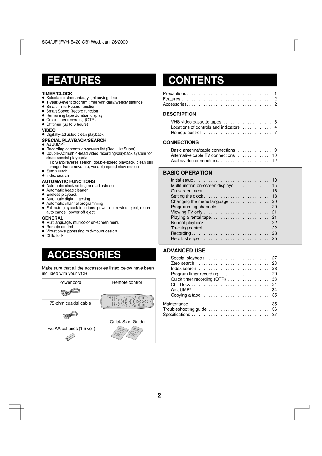 Fisher FVH-E420 important safety instructions Featurescontents, Accessories 