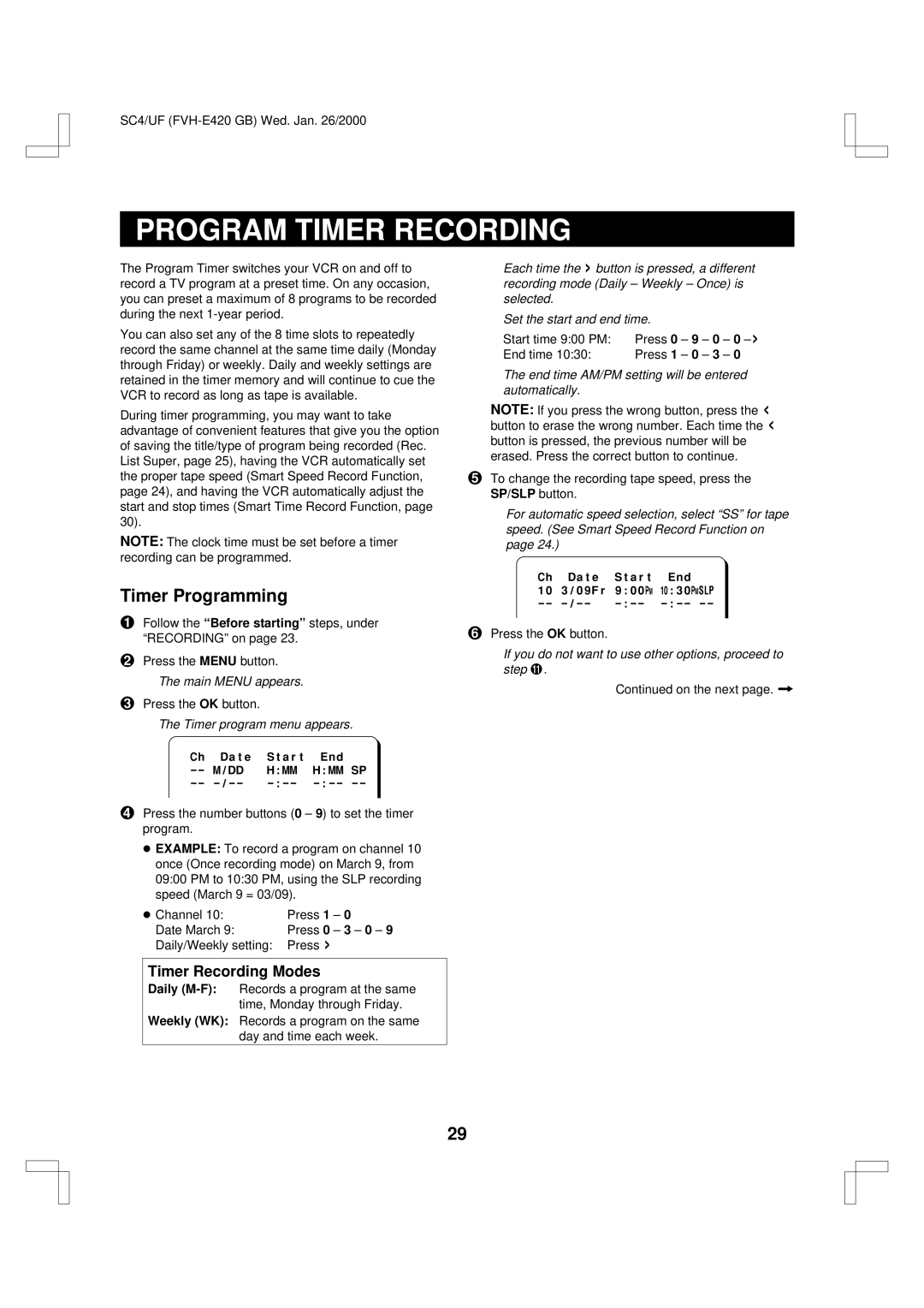 Fisher FVH-E420 important safety instructions Program Timer Recording, Timer Programming, Timer program menu appears 