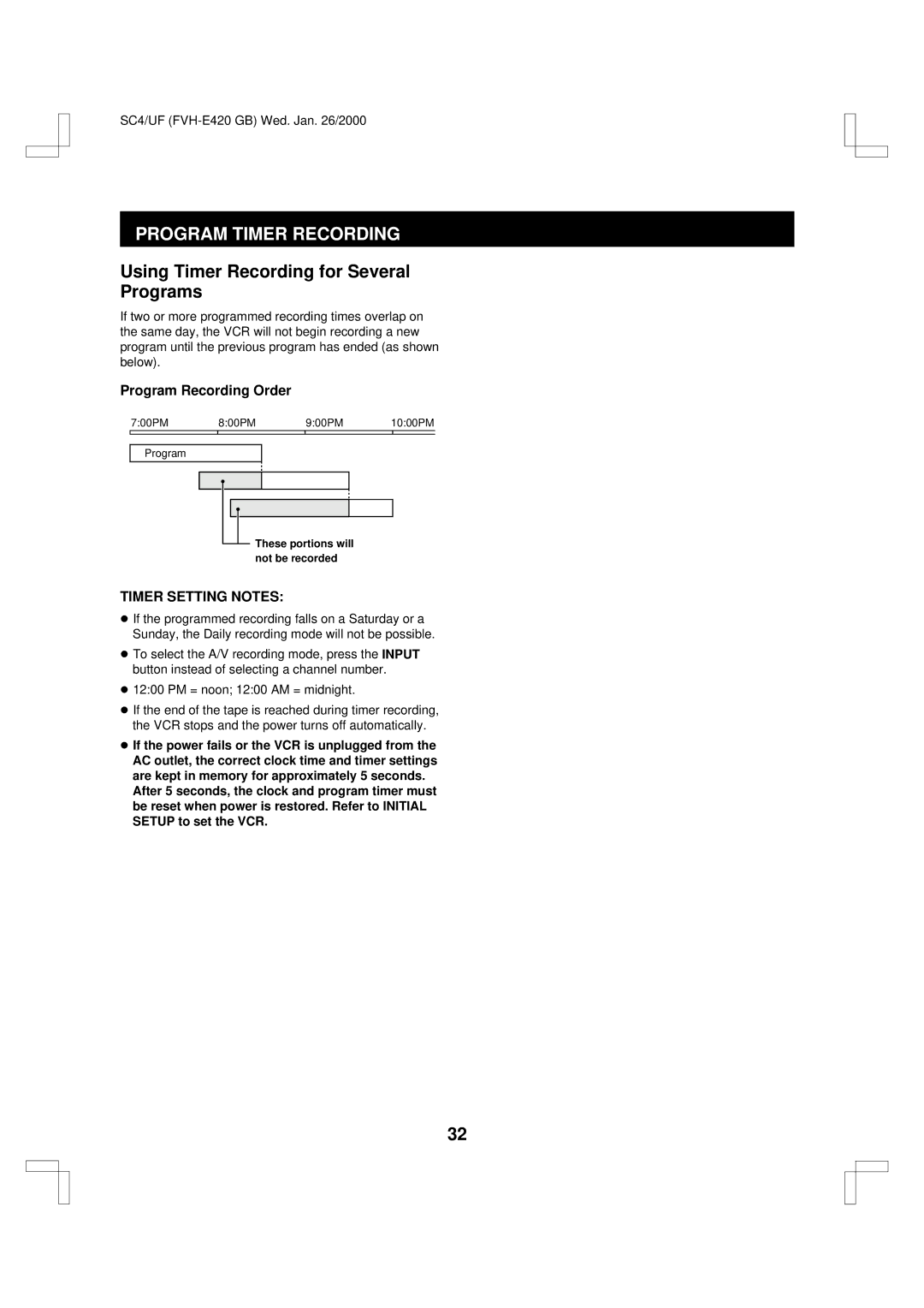 Fisher FVH-E420 important safety instructions Using Timer Recording for Several Programs, Timer Setting Notes 