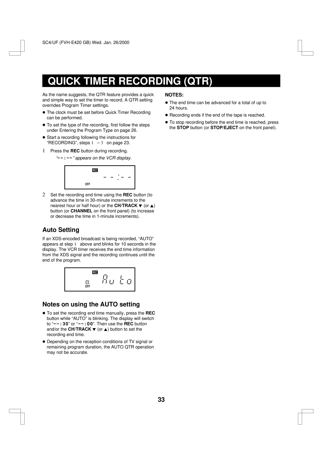 Fisher FVH-E420 important safety instructions Quick Timer Recording QTR, Auto Setting, Appears on the VCR display 