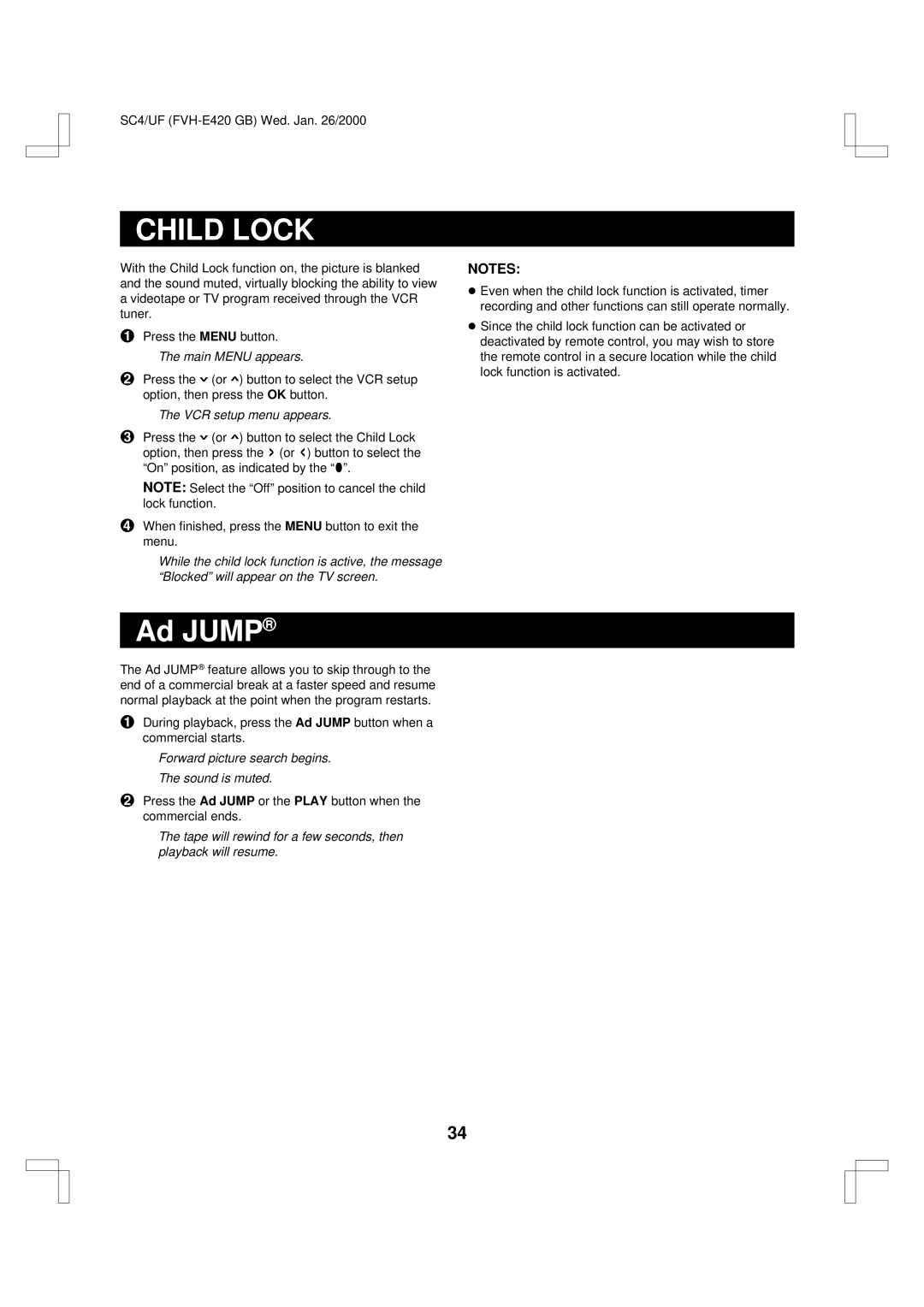 Fisher FVH-E420 important safety instructions Child Lock, Forward picture search begins Sound is muted 