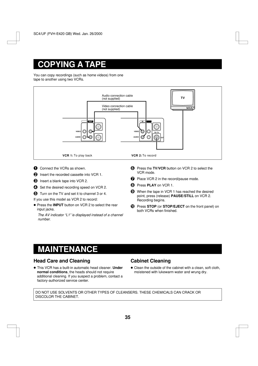 Fisher FVH-E420 important safety instructions Copying a Tape, Maintenance, Head Care and Cleaning, Cabinet Cleaning 