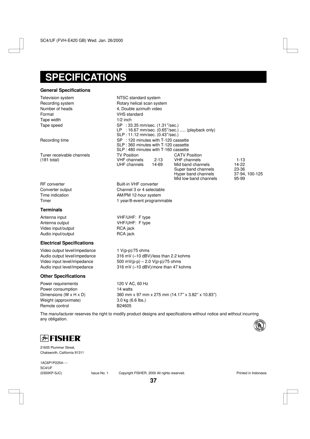 Fisher FVH-E420 important safety instructions General Specifications 