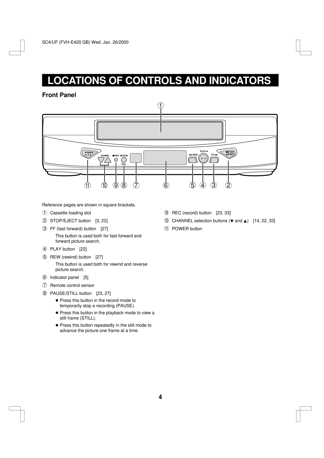 Fisher FVH-E420 important safety instructions Locations of Controls and Indicators, Front Panel 