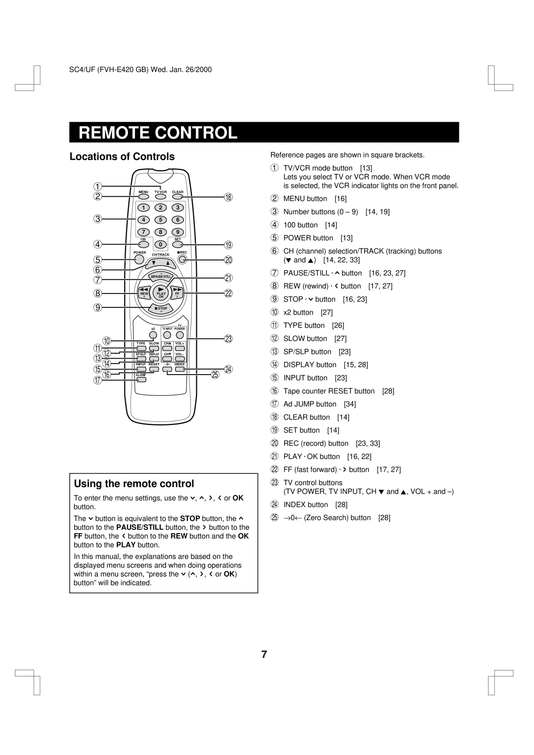 Fisher FVH-E420 important safety instructions Remote Control, Locations of Controls, Using the remote control 