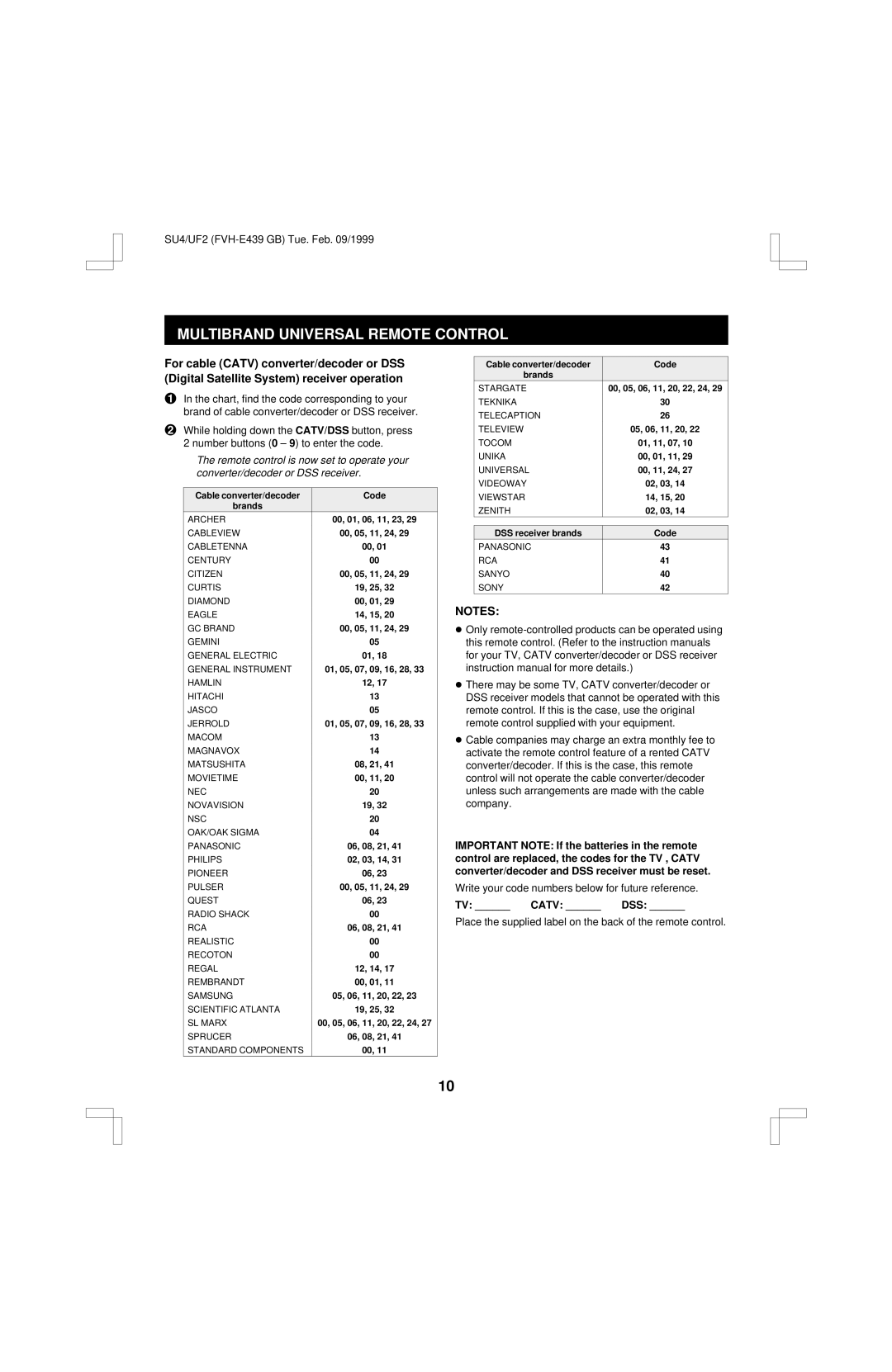 Fisher FVH-E439 operating instructions Catv DSS 