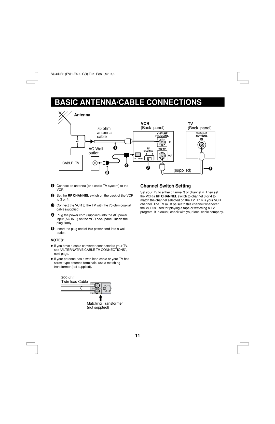 Fisher FVH-E439 operating instructions Basic ANTENNA/CABLE Connections, Channel Switch Setting 