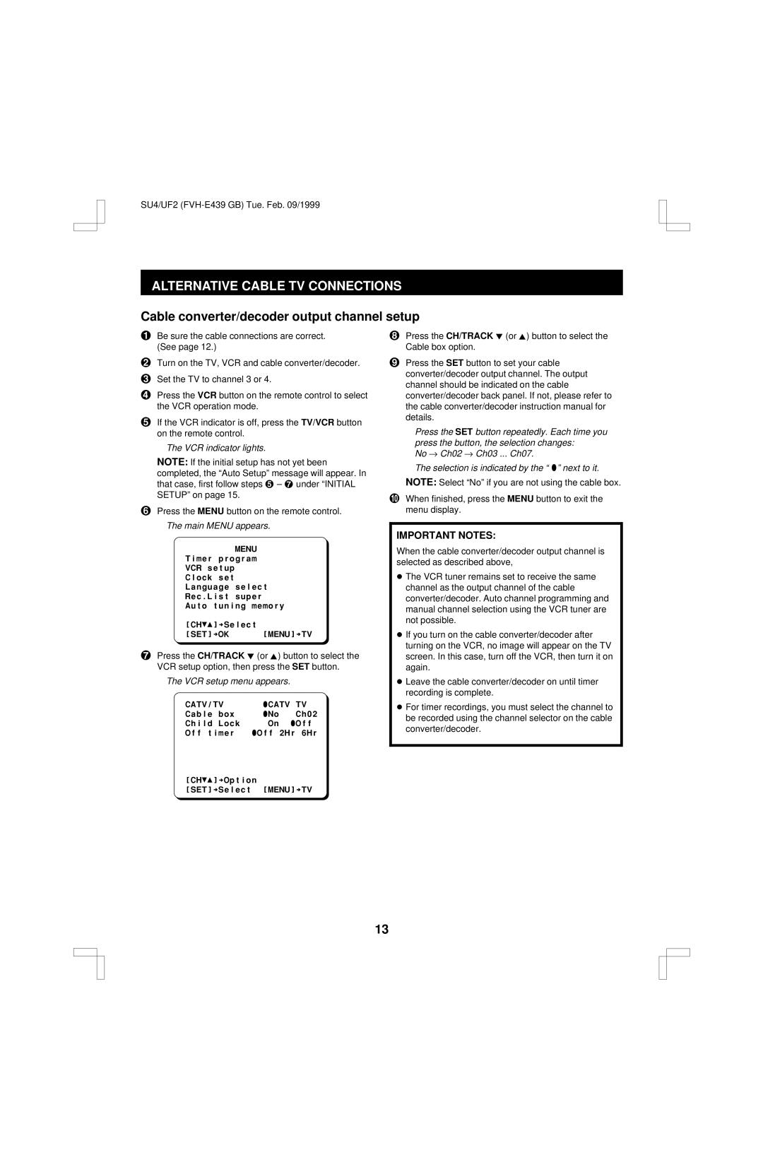 Fisher FVH-E439 Alternative Cable TV Connections, Cable converter/decoder output channel setup, Important Notes 