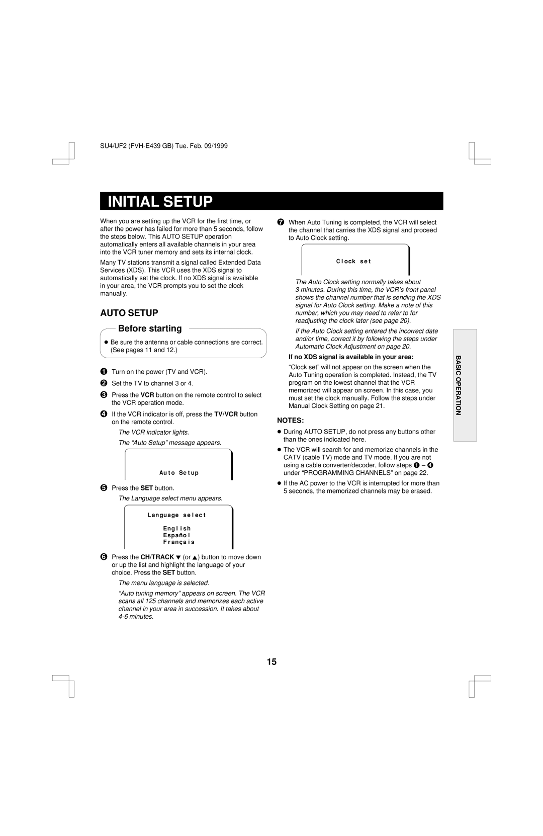 Fisher FVH-E439 operating instructions Initial Setup, Before starting, VCR indicator lights Auto Setup message appears 