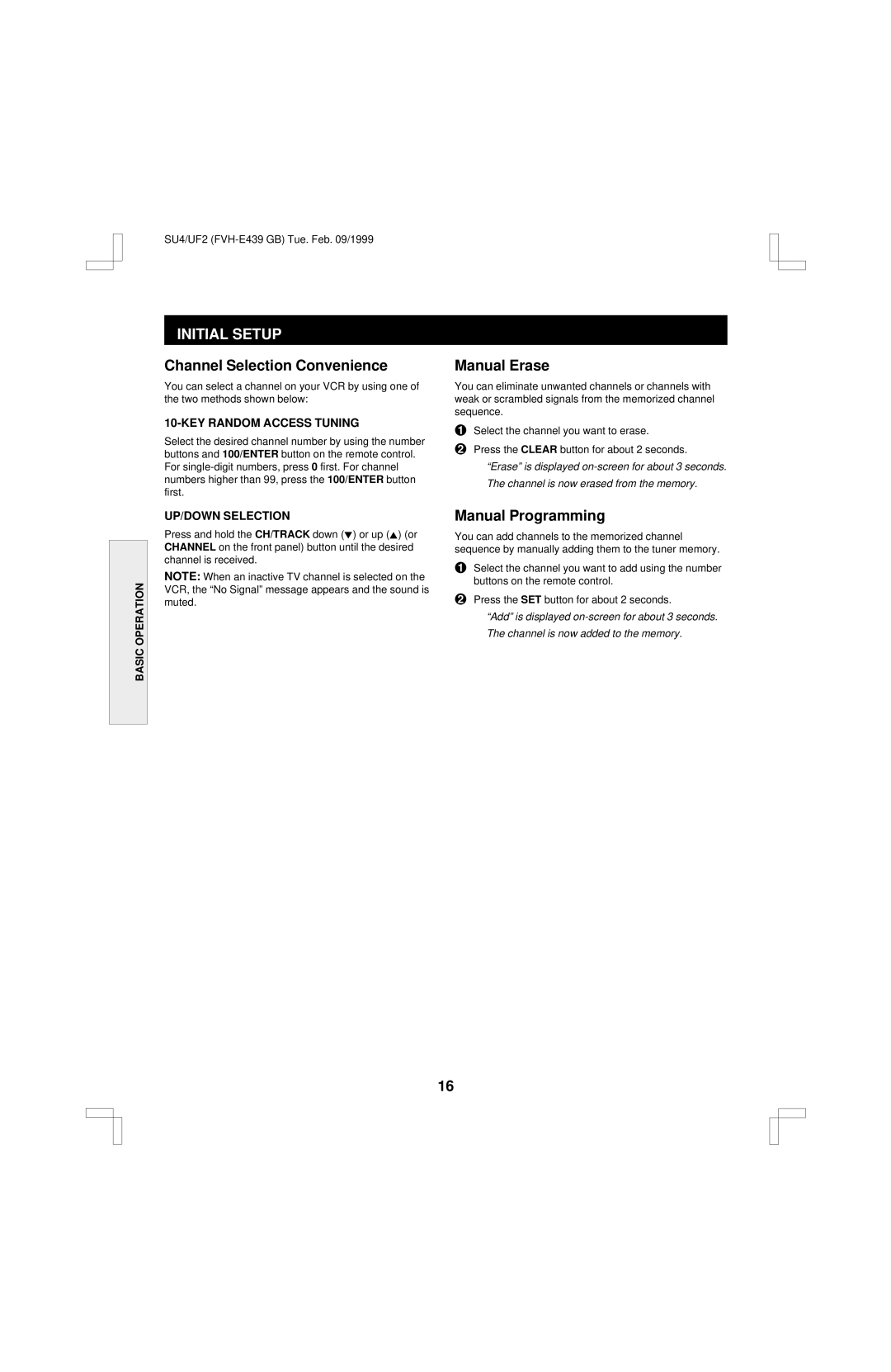 Fisher FVH-E439 Initial Setup, Channel Selection Convenience, Manual Erase, KEY Random Access Tuning, UP/DOWN Selection 