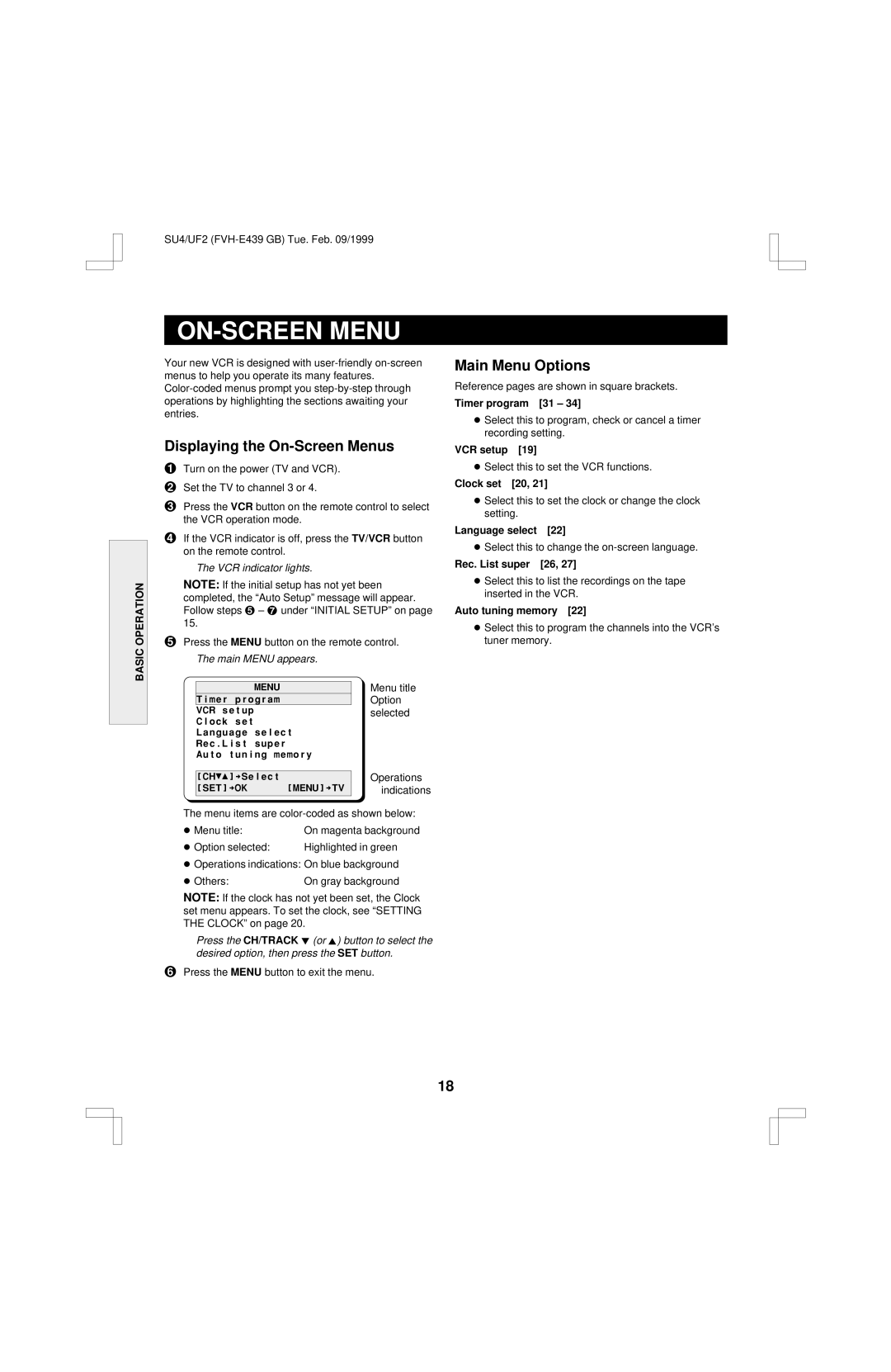 Fisher FVH-E439 operating instructions ON-SCREEN Menu, Displaying the On-Screen Menus, Main Menu Options 