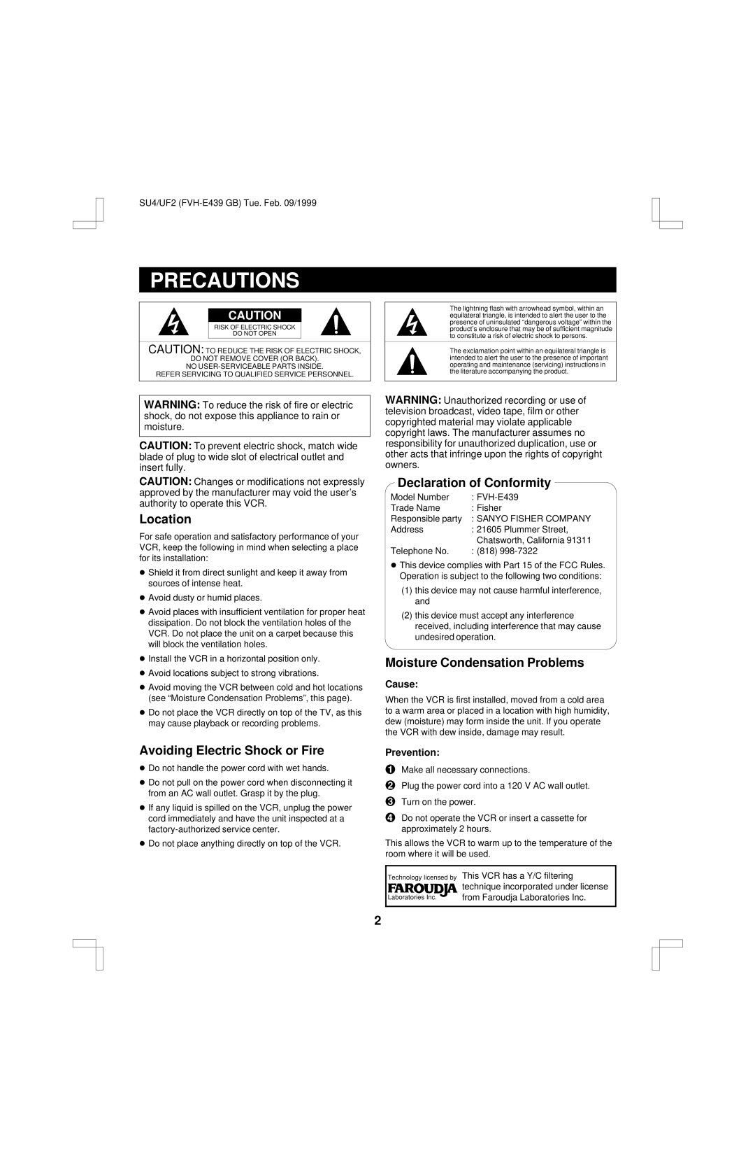 Fisher FVH-E439 operating instructions Precautions, Location, Declaration of Conformity, Moisture Condensation Problems 