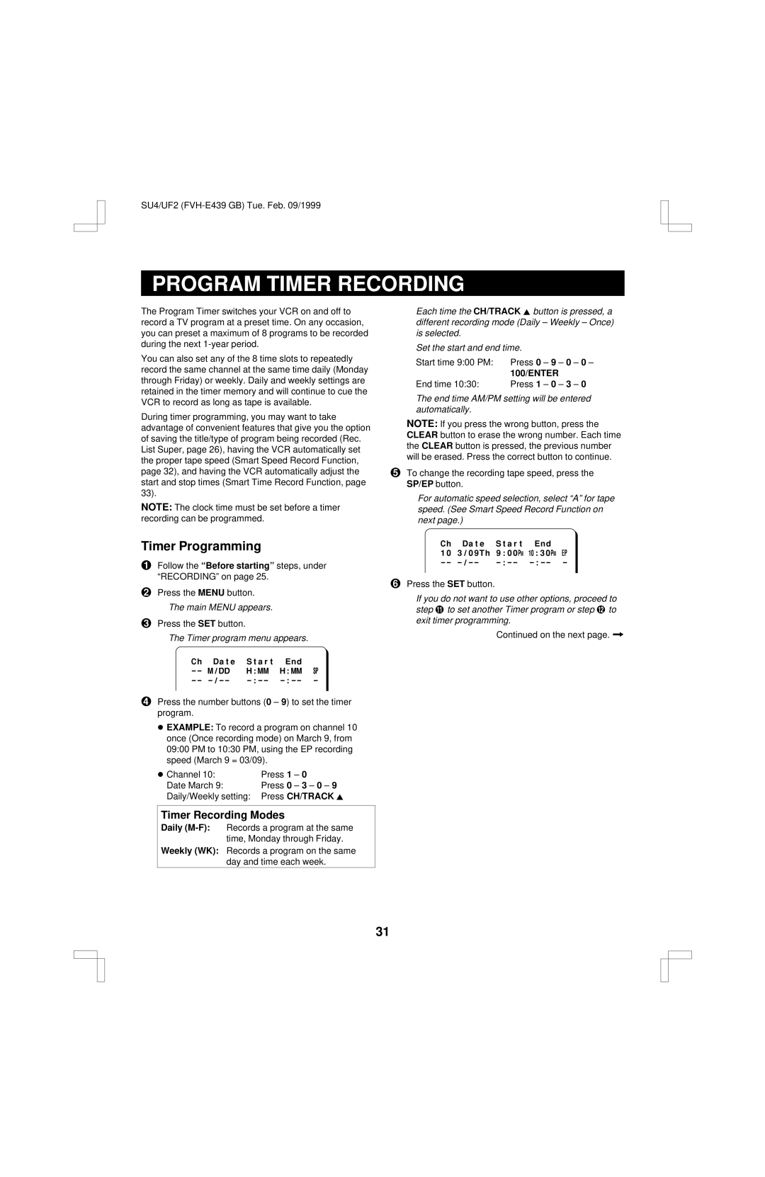 Fisher FVH-E439 Program Timer Recording, Timer Programming, Timer program menu appears, Press CH/TRACK j 