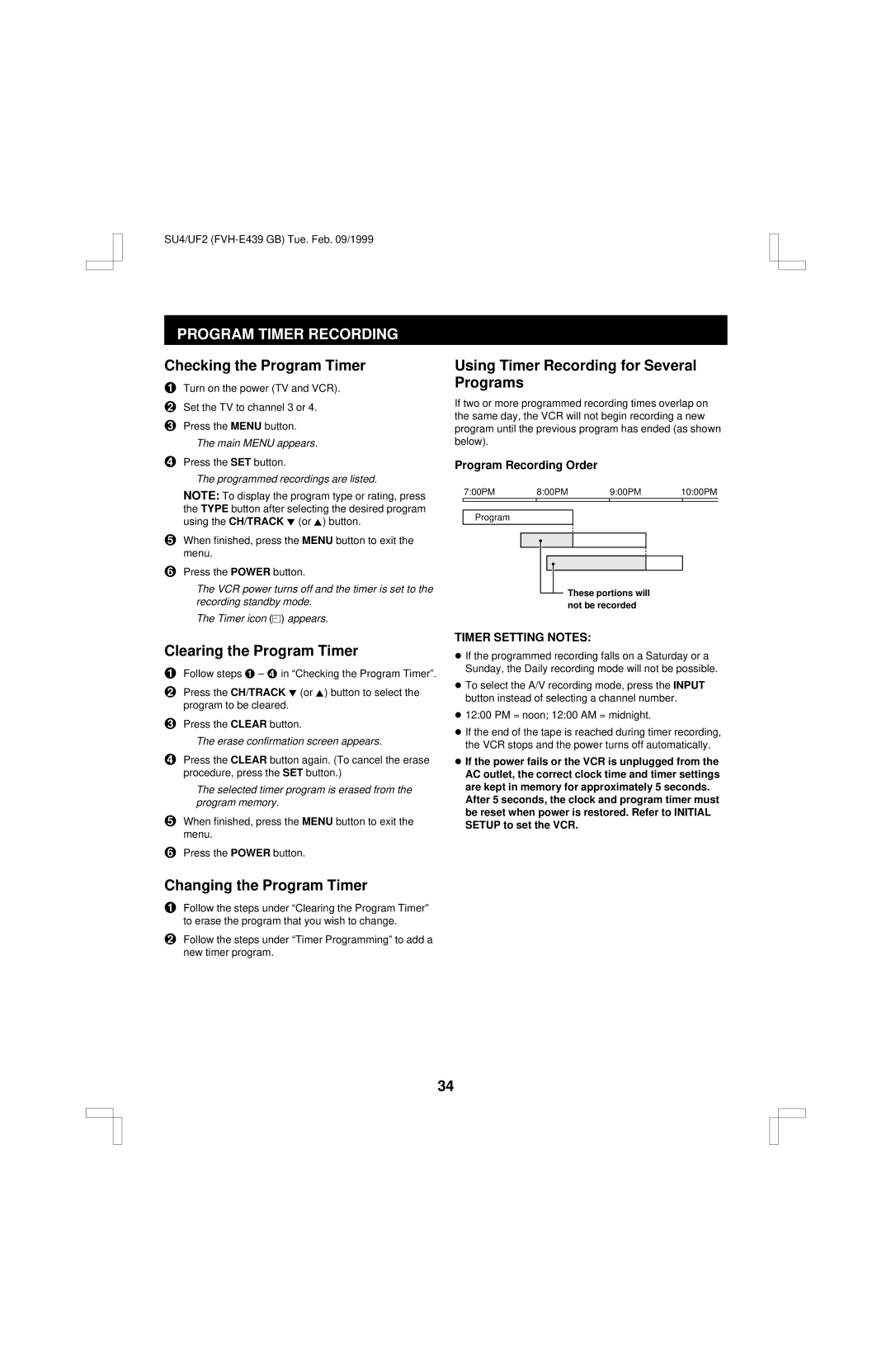 Fisher FVH-E439 Checking the Program Timer, Clearing the Program Timer, Using Timer Recording for Several Programs 