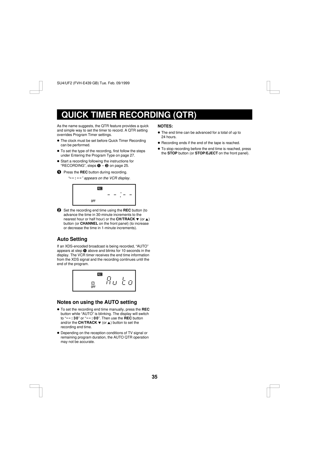 Fisher FVH-E439 operating instructions Quick Timer Recording QTR, Auto Setting, Appears on the VCR display 