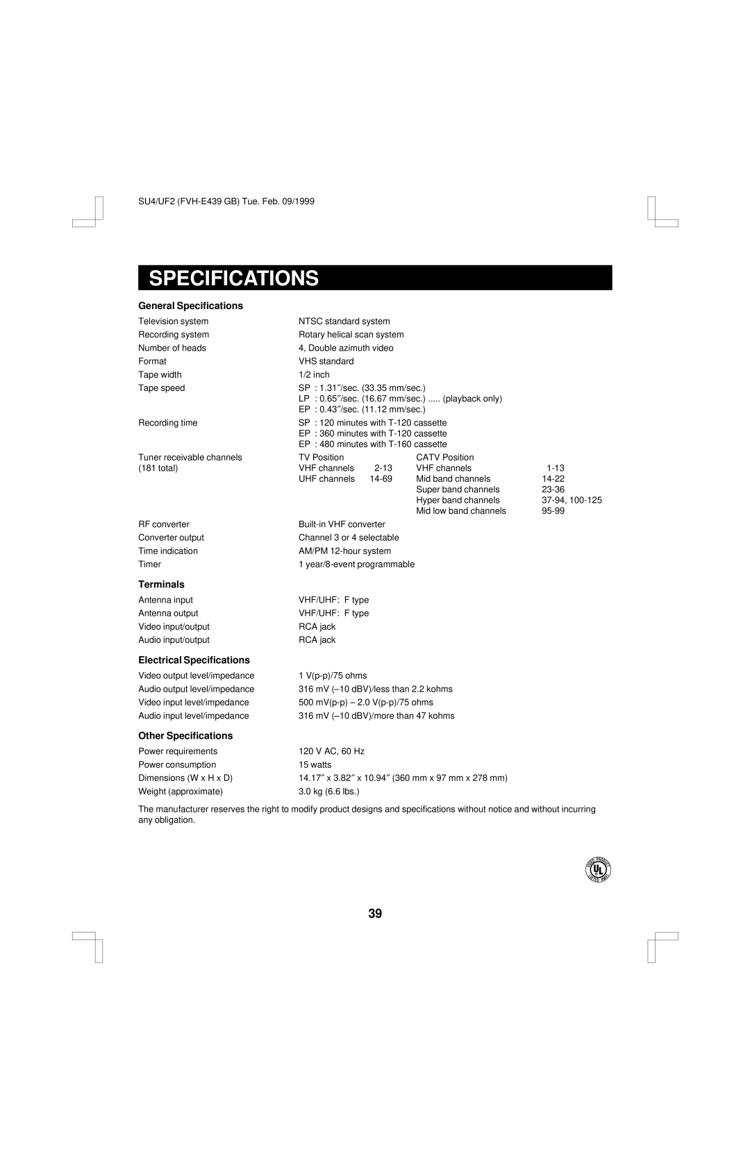 Fisher FVH-E439 General Specifications, Terminals, Electrical Specifications, Other Specifications 