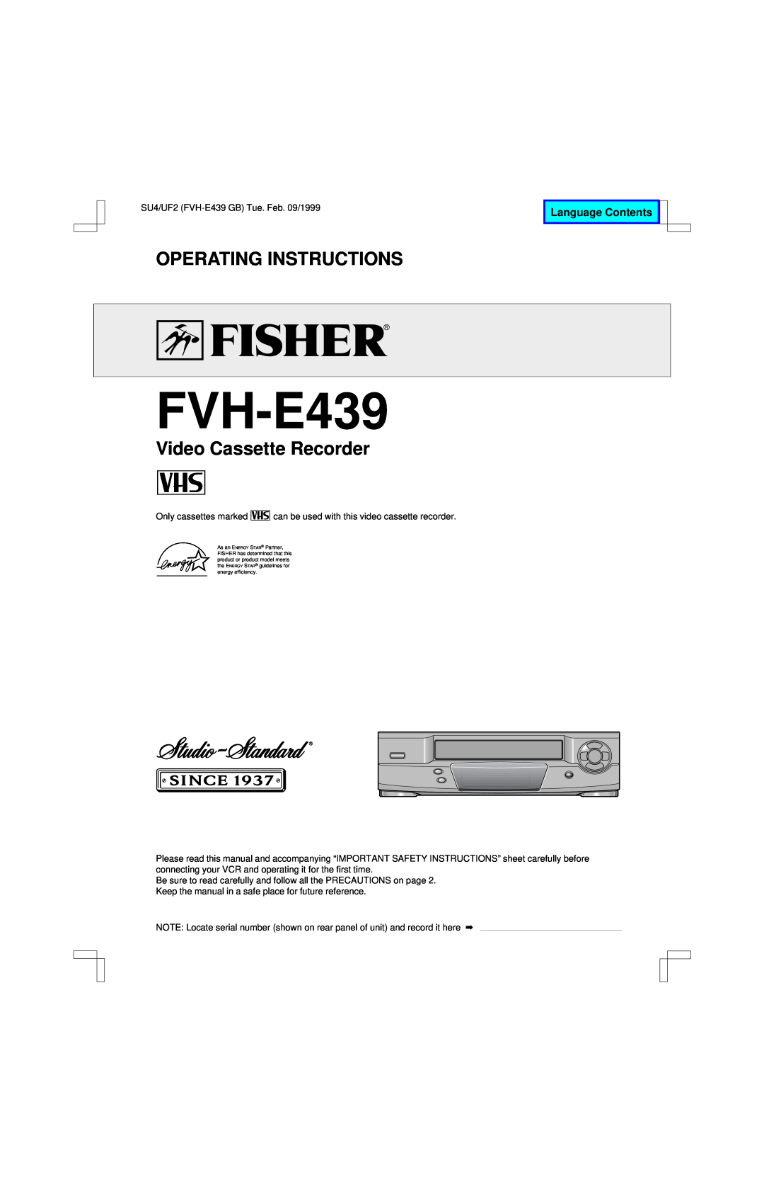 Fisher FVH-E439 operating instructions Operating Instructions, Video Cassette Recorder, Language Contents 