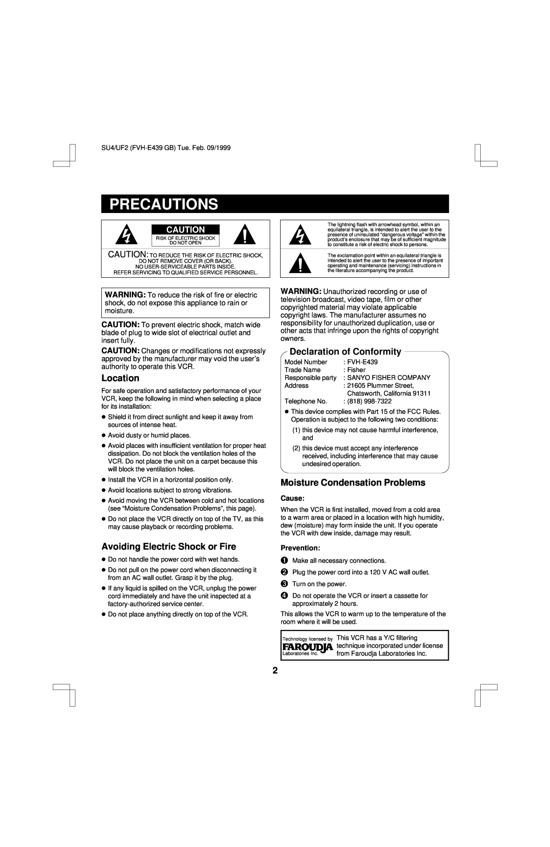 Fisher FVH-E439 Precautions, Location, Declaration of Conformity, Moisture Condensation Problems, Cause, Prevention 