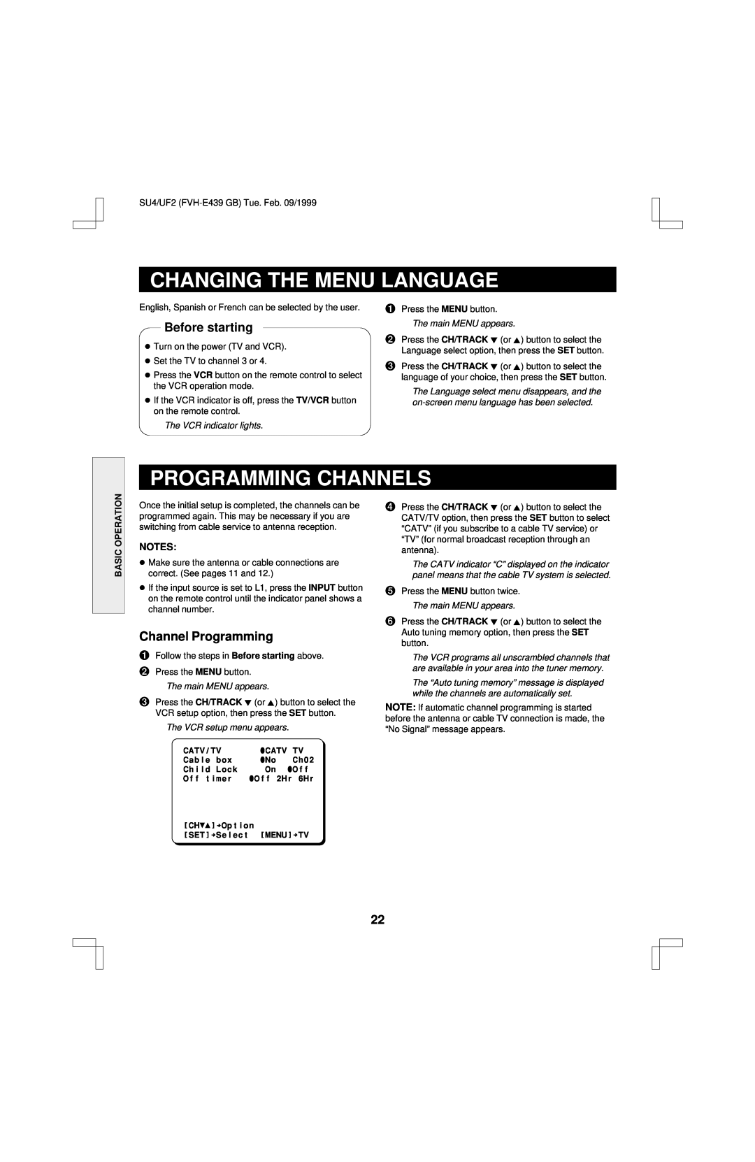 Fisher FVH-E439 Changing The Menu Language, Programming Channels, Channel Programming, Before starting 