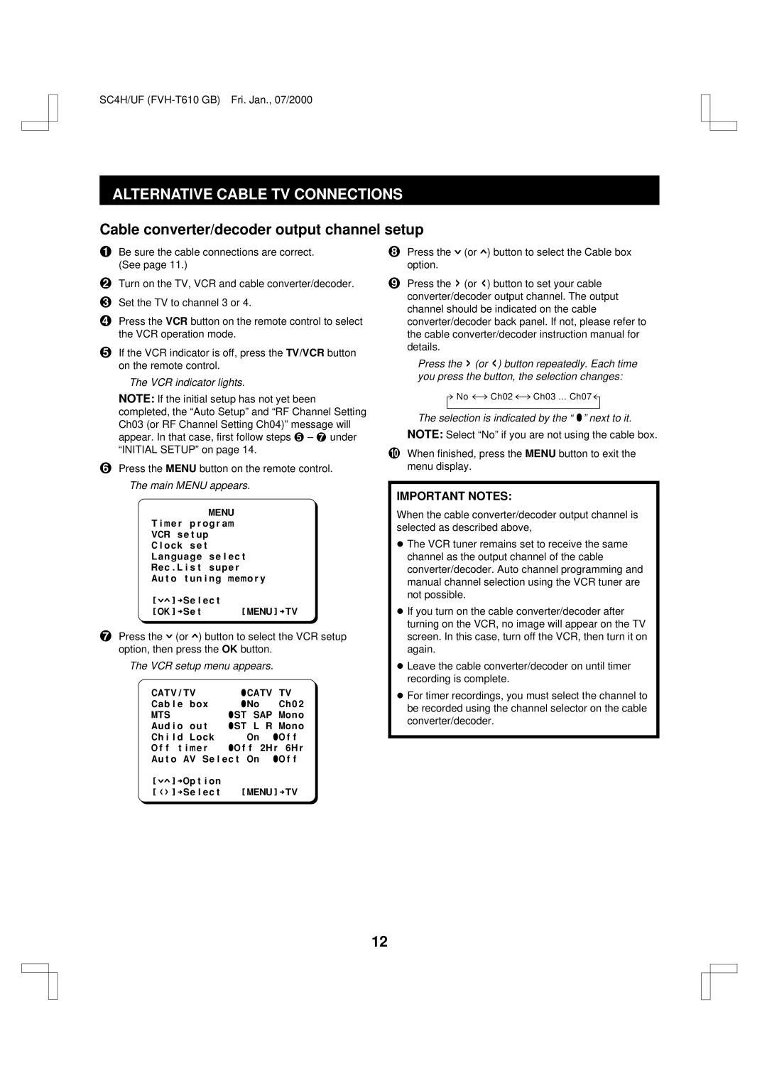 Fisher FVH-T610 Alternative Cable TV Connections, Cable converter/decoder output channel setup, Important Notes 