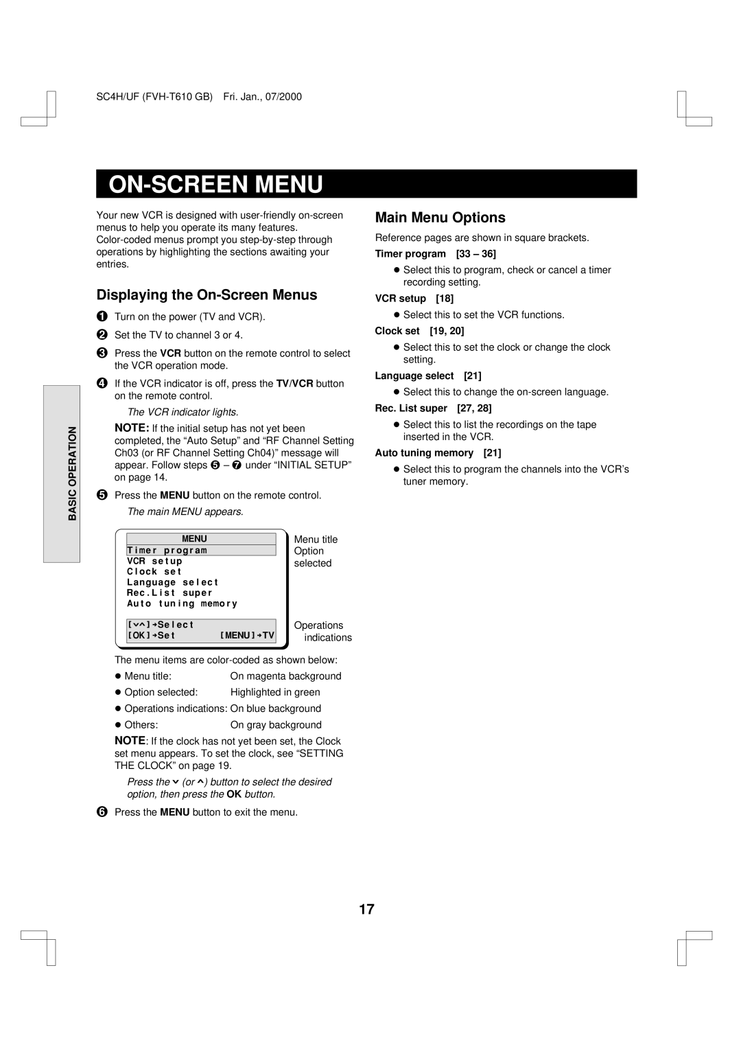 Fisher FVH-T610 important safety instructions ON-SCREEN Menu, Displaying the On-Screen Menus, Main Menu Options 