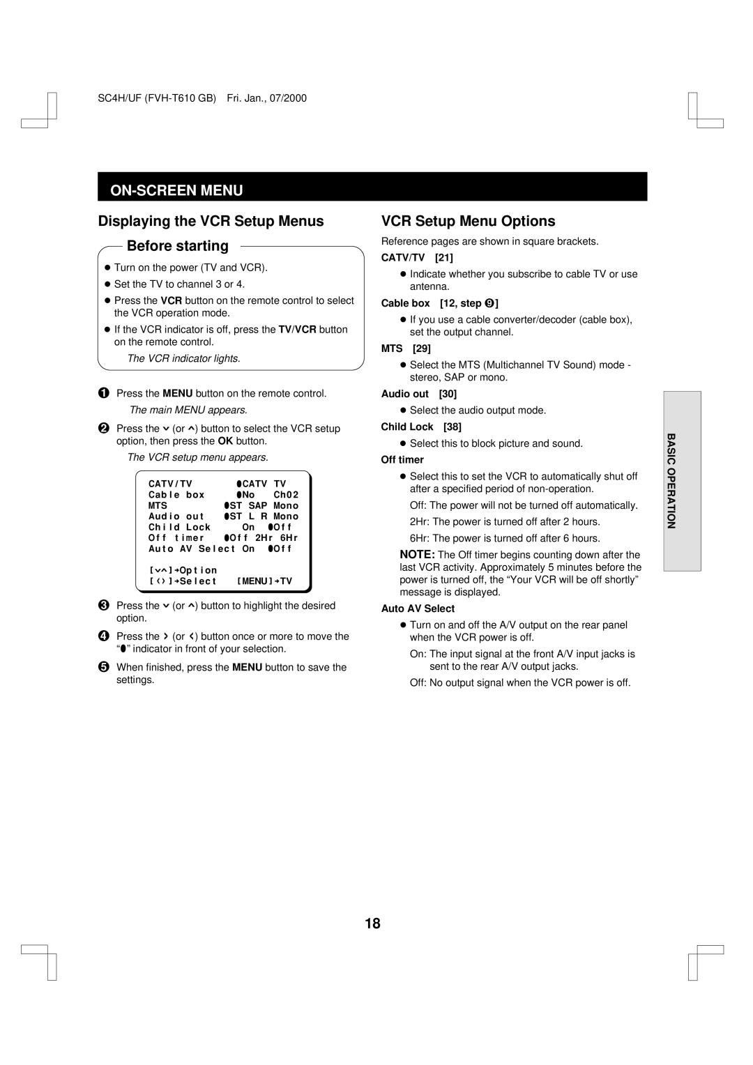 Fisher FVH-T610 ON-SCREEN Menu, Displaying the VCR Setup Menus Before starting, VCR Setup Menu Options 